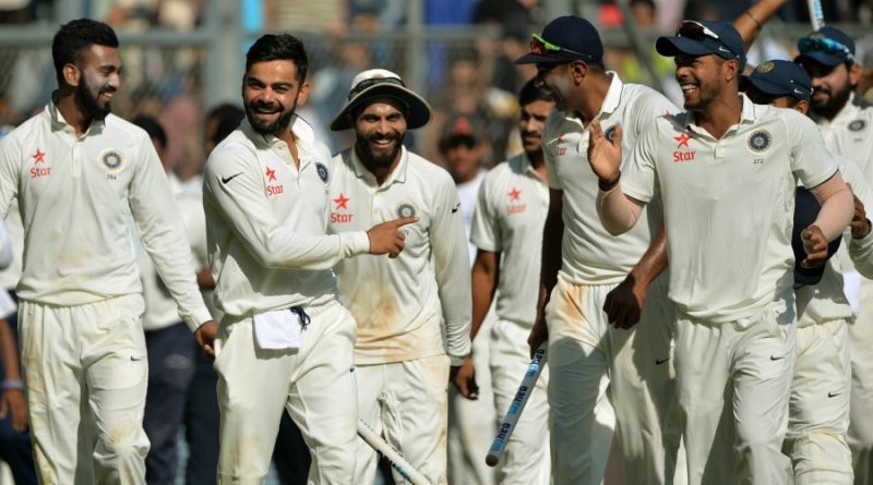 The Indian players are all smiles after completing the series win, India v England, 4th Test, Mumbai, 5th day, December 12, 2016 ©AFP