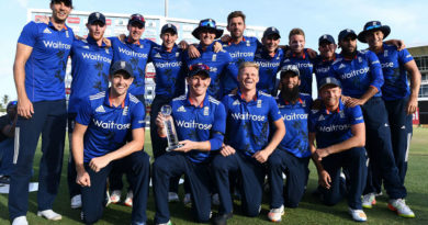 England's victorious cricketers pose with the series trophy, West Indies v England, 3rd ODI, Barbados, March 9, 2017 ©AFP