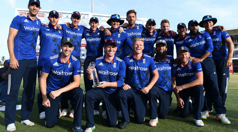England's victorious cricketers pose with the series trophy, West Indies v England, 3rd ODI, Barbados, March 9, 2017 ©AFP