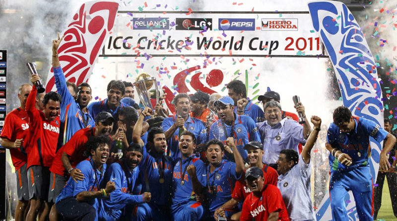 The champions celebrate with the World Cup trophy, India v Sri Lanka, final, World Cup 2011, Mumbai, April 2, 2011 ©Associated Press