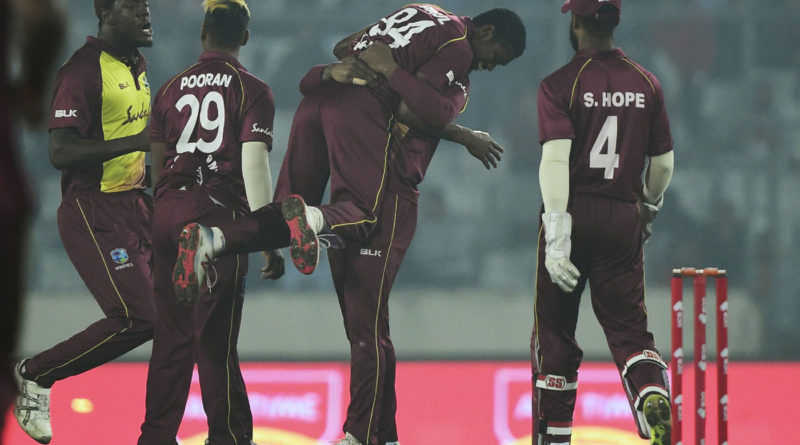 Keemo Paul is lifted by his team-mate as West Indies celebrate a wicket, Bangladesh v West Indies, 3rd T20I, Mirpur, December 22, 2018 ©AFP