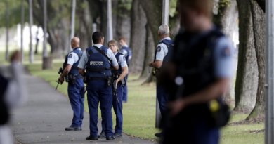 Police keep watch at a park across the road from the mosque © Associated Press