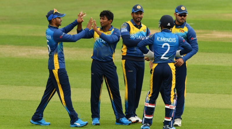CARDIFF, WALES - MAY 24: Jeevan Mendis of Sri Lanka (2L) celebrates taking the wicket of Hashim Amla of South Africa during the ICC Cricket World Cup 2019 Warm Up match between Sri Lanka and South Africa at Cardiff Wales Stadium on May 24, 2019 in Cardiff, Wales. (Photo by Dan Mullan/Getty Images)