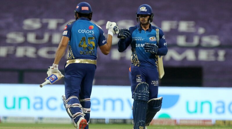 Rohit Sharma captain of Mumbai Indians and Quinton de Kock of Mumbai Indians during match 32 of season 13 of the Dream 11 Indian Premier League (IPL) between the Mumbai Indians and the Kolkata Knight Riders at the Sheikh Zayed Stadium, Abu Dhabi in the United Arab Emirates on the 16th October 2020. Photo by: Vipin Pawar / Sportzpics for BCCI