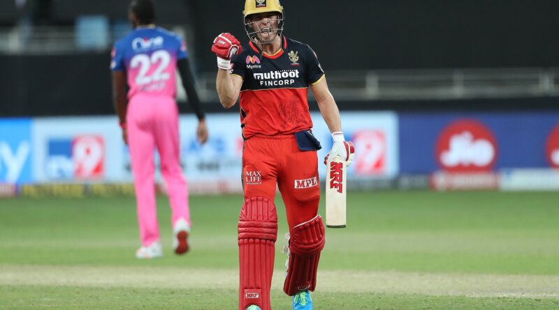 AB de Villiers of Royal Challengers Bangalore celebrates the win during match 33 of season 13 of the Dream 11 Indian Premier League (IPL) between the Rajasthan Royals and the Royal Challengers Bangalore held at the Dubai International Cricket Stadium, Dubai in the United Arab Emirates on the 17th October 2020. Photo by: Ron Gaunt / Sportzpics for BCCI