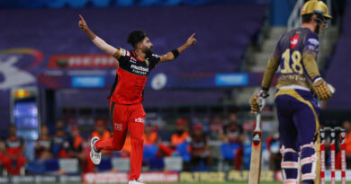 Mohammed Siraj of the Royal Challengers Bangalore celebrates the wicket of Tom Banton of Kolkata Knight Riders during match 39 of season 13 of the Dream 11 Indian Premier League (IPL) between the Kolkata Knight Riders and the Royal Challengers Bangalore at the Sheikh Zayed Stadium, Abu Dhabi in the United Arab Emirates on the 21st October 2020. Photo by: Pankaj Nangia / Sportzpics for BCCI