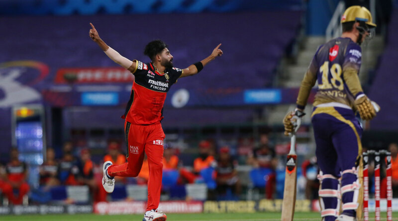 Mohammed Siraj of the Royal Challengers Bangalore celebrates the wicket of Tom Banton of Kolkata Knight Riders during match 39 of season 13 of the Dream 11 Indian Premier League (IPL) between the Kolkata Knight Riders and the Royal Challengers Bangalore at the Sheikh Zayed Stadium, Abu Dhabi in the United Arab Emirates on the 21st October 2020. Photo by: Pankaj Nangia / Sportzpics for BCCI
