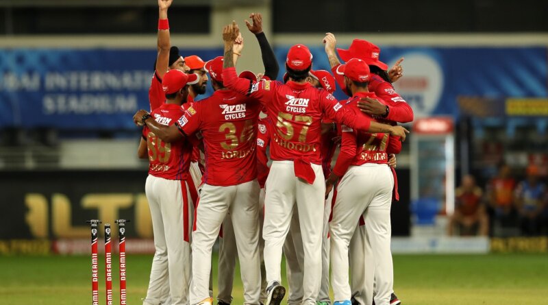 The Kings XI Punjab celebrates the wicket win during match 43 of season 13 of the Dream 11 Indian Premier League (IPL) between the Kings XI Punjab and the Sunrisers Hyderabad held at the Dubai International Cricket Stadium, Dubai in the United Arab Emirates on the 24th October 2020. Photo by: Saikat Das / Sportzpics for BCCI
