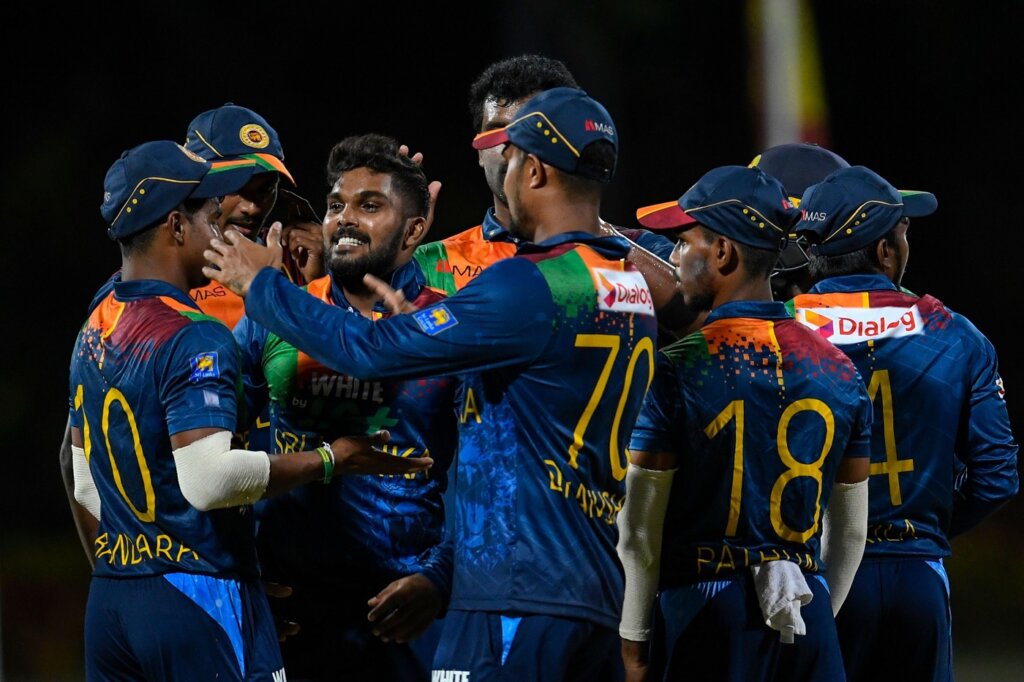 Wanindu Hasaranga celebrates with his team-mates, West Indies vs Sri Lanka, 2nd T20I, Coolidge, March 5, 2021 ©Getty Images