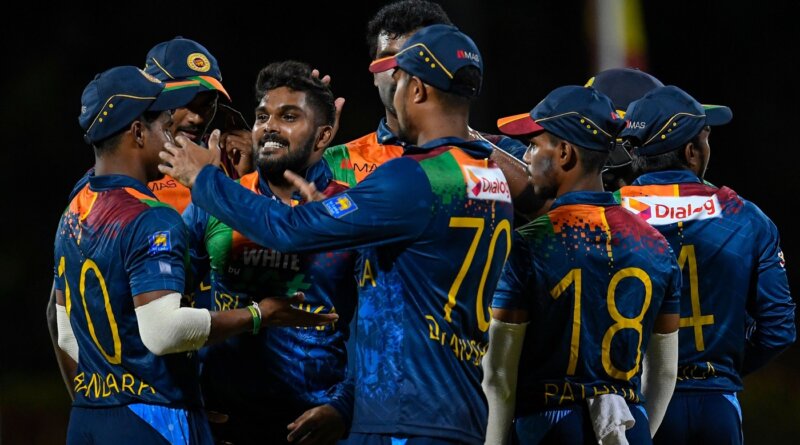 Wanindu Hasaranga celebrates with his team-mates, West Indies vs Sri Lanka, 2nd T20I, Coolidge, March 5, 2021 ©Getty Images