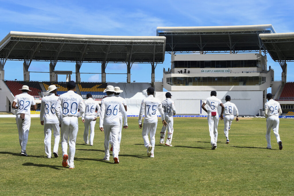 The Sri Lanka players take the field at the start of the third day, West Indies vs Sri Lanka, 1st Test, North Sound, 3rd day, March 23, 2021 ©AFP