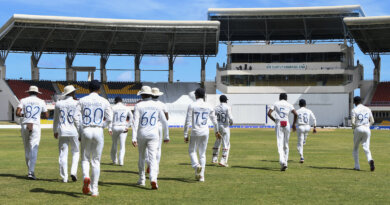 The Sri Lanka players take the field at the start of the third day, West Indies vs Sri Lanka, 1st Test, North Sound, 3rd day, March 23, 2021 ©AFP