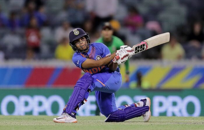 Veda Krishnamurthy sweeps during her cameo, India v Bangladesh, Women's T20 World Cup, Perth, February 24, 2020 © ICC via Getty