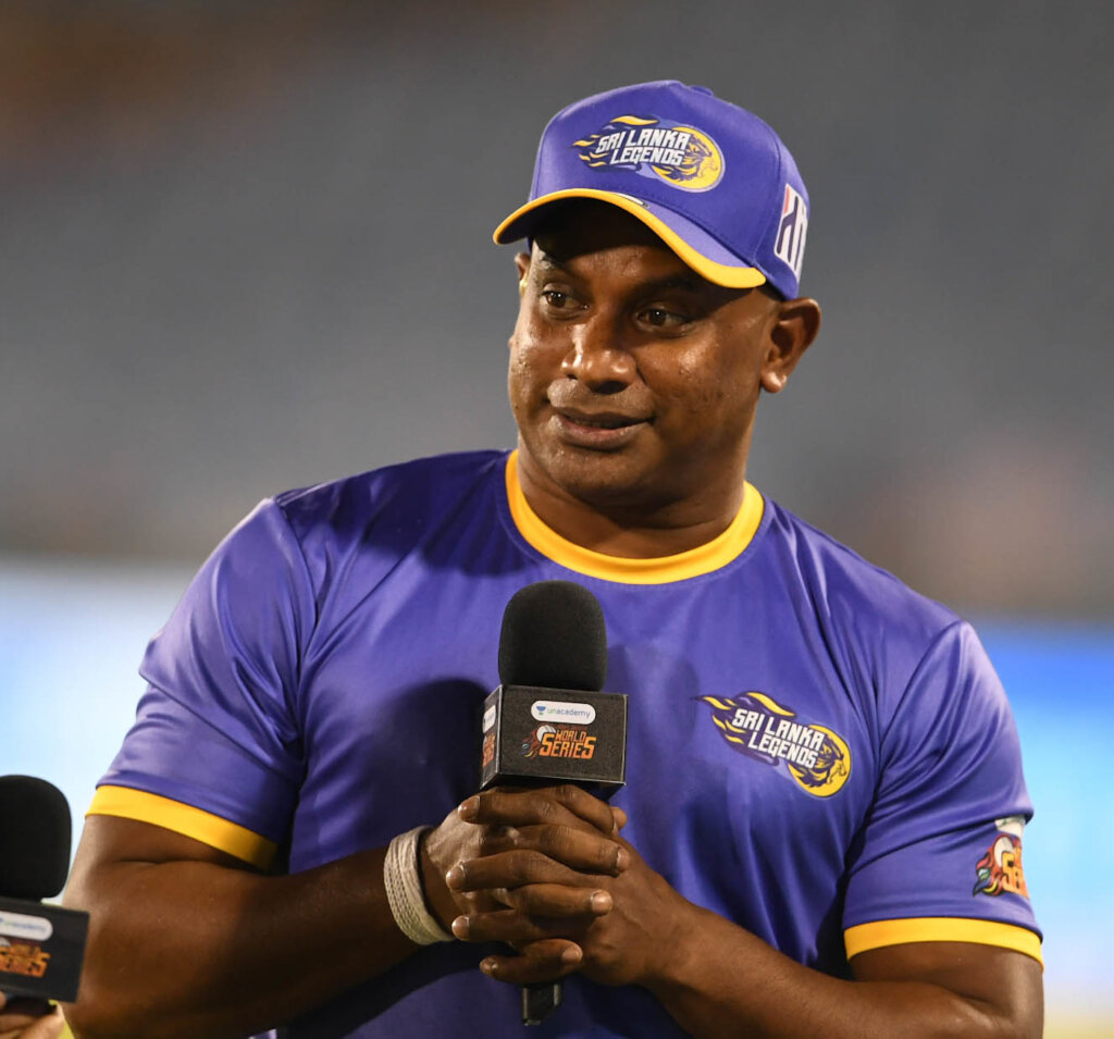 Sanath Jayasuriya gives an interview on the sidelines, West Indies Legends vs Sri Lanka Legends, Road Safety World Series, Raipur, March 6, 2021 ©Unacademy Road Safety World Series