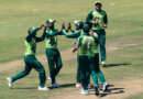 Pakistan celebrates after Faheem Ashraf dismisses Brendan Taylor, Zimbabwe v Pakistan, 2nd T20I, Harare, April 23, 2021 ©Jekesai Njikizana/AFP/Getty Images