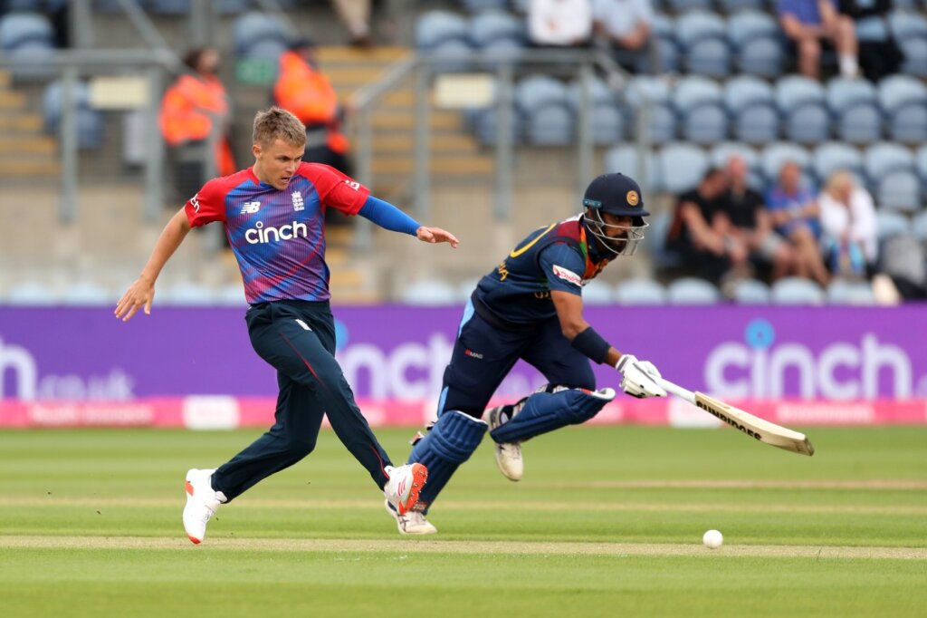 Sam Curran side-foots the ball into the stumps to complete an early run-out, England vs Sri Lanka, 2nd T20I, Cardiff, June 24, 2021 ©PA Images via Getty Images