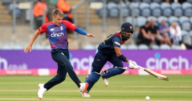 Sam Curran side-foots the ball into the stumps to complete an early run-out, England vs Sri Lanka, 2nd T20I, Cardiff, June 24, 2021 ©PA Images via Getty Images