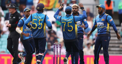 LONDON, ENGLAND - JULY 01: Wanindu Hasaranga of Sri Lanka celebrates after taking the wicket of Jonny Bairstow of England during the 2nd One Day International match between England and Sri Lanka at The Kia Oval on July 01, 2021 in London, England. (Photo by Ryan Pierse/Getty Images)