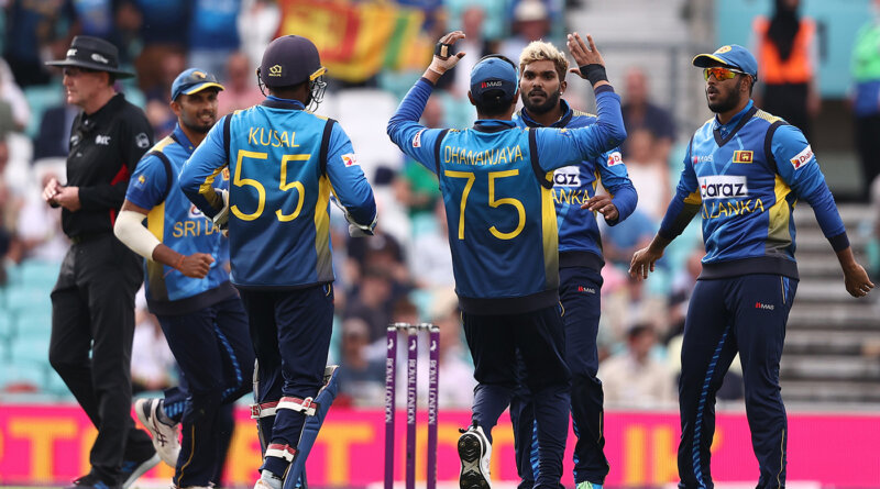 LONDON, ENGLAND - JULY 01: Wanindu Hasaranga of Sri Lanka celebrates after taking the wicket of Jonny Bairstow of England during the 2nd One Day International match between England and Sri Lanka at The Kia Oval on July 01, 2021 in London, England. (Photo by Ryan Pierse/Getty Images)