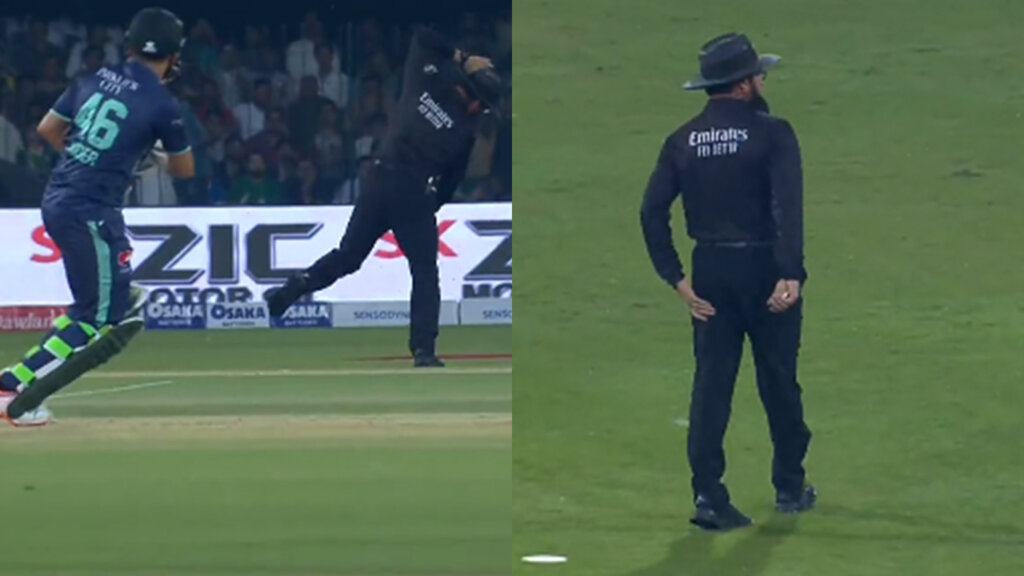 Aleem Dar was hit by the ball on his knee