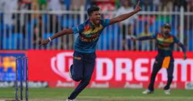 Dilshan Madushanka is pumped up after removing Hazratullah Zazai for 13•Sep 03, 2022•AFP/Getty Images