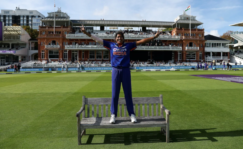 Jhulan Goswami poses in front of the Lord's pavilion•Sep 24, 2022•ECB/Getty Images