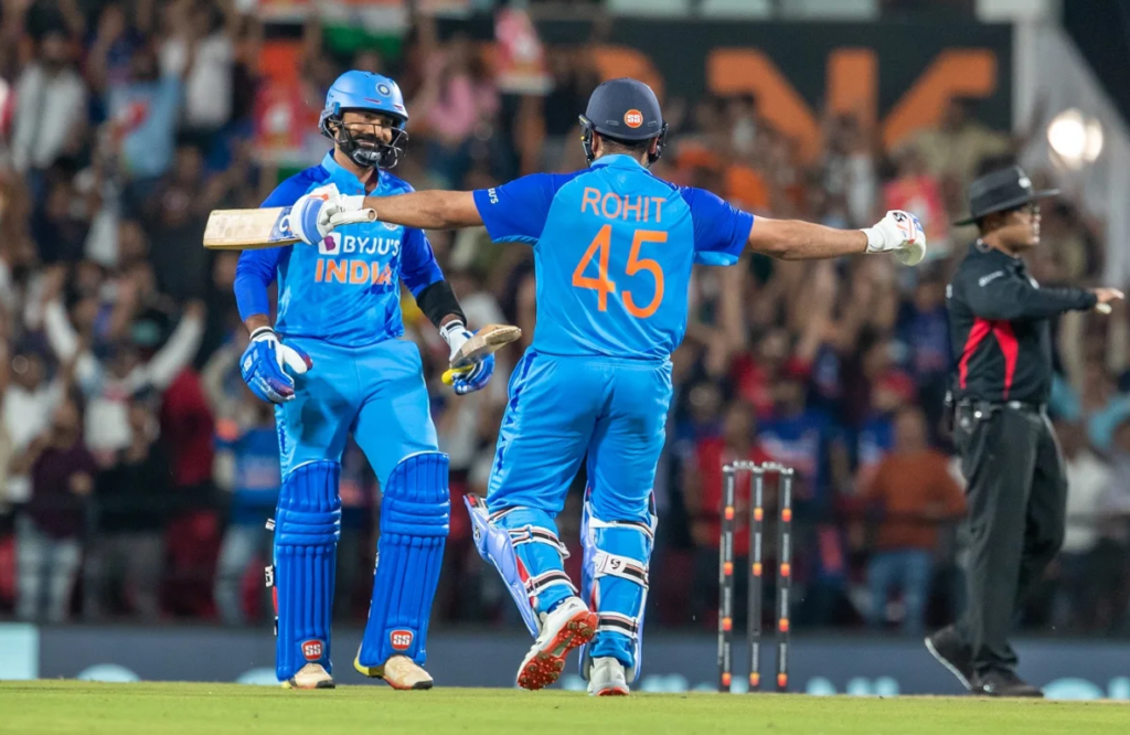Rohit Sharma celebrates after Dinesh Karthik hit the winning runs, India vs Australia, 2nd T20I, Nagpur, September 23, 2022 © BCCI