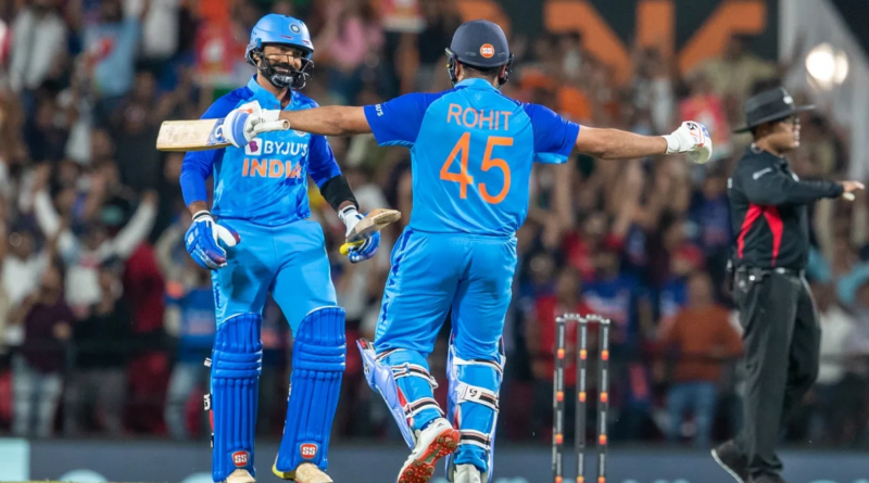 Rohit Sharma celebrates after Dinesh Karthik hit the winning runs, India vs Australia, 2nd T20I, Nagpur, September 23, 2022 © BCCI