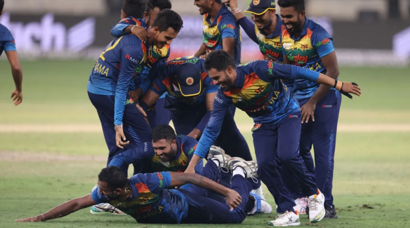 The Sri Lanka players celebrate their victory•Sep 11, 2022•AFP/Getty Images