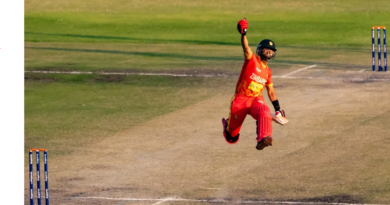 Sikandar Raza leaps in celebration after registering his third hundred in six ODI innings•Aug 22, 2022•AFP/Getty Images