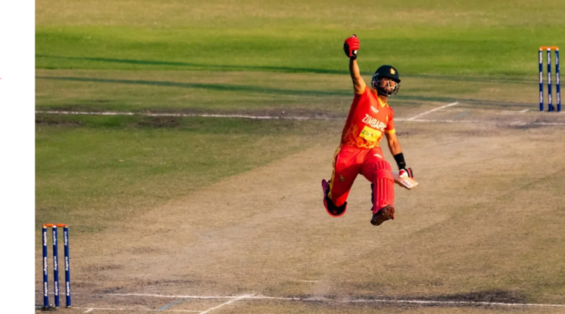 Sikandar Raza leaps in celebration after registering his third hundred in six ODI innings•Aug 22, 2022•AFP/Getty Images