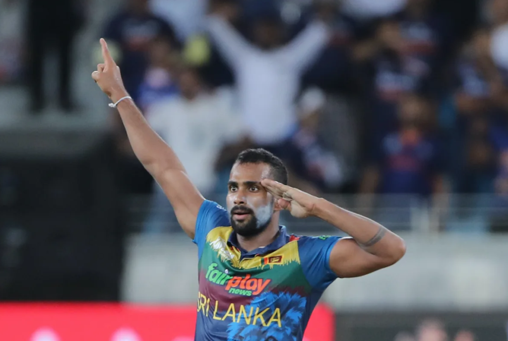 Chamika Karunaratne celebrates Rohit Sharma's wicket•Sep 06, 2022•AFP/Getty Images