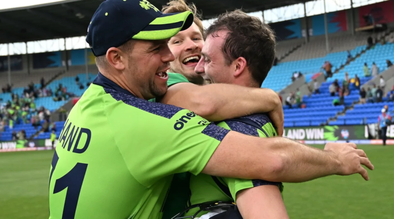 Fionn Hand, Barry McCarthy and Lorcan Tucker can't hide their emotions after Ireland toppled West Indies•Oct 21, 2022•ICC via Getty Images