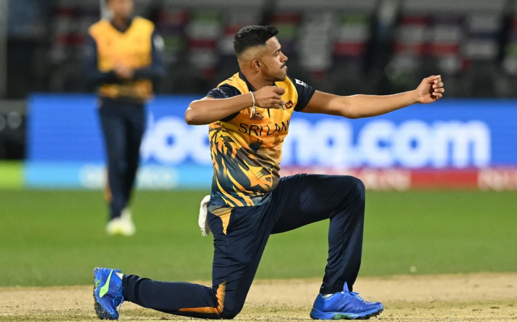 Maheesh Theekshana brings out his trademark celebration•Oct 18, 2022•ICC via Getty Images