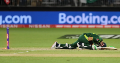 Shan Masood is distraught after being stumped•Oct 27, 2022•ICC/Getty Images