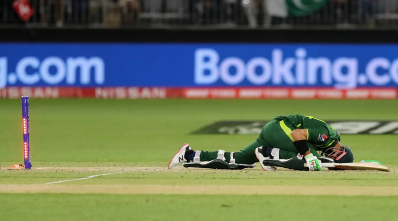 Shan Masood is distraught after being stumped•Oct 27, 2022•ICC/Getty Images