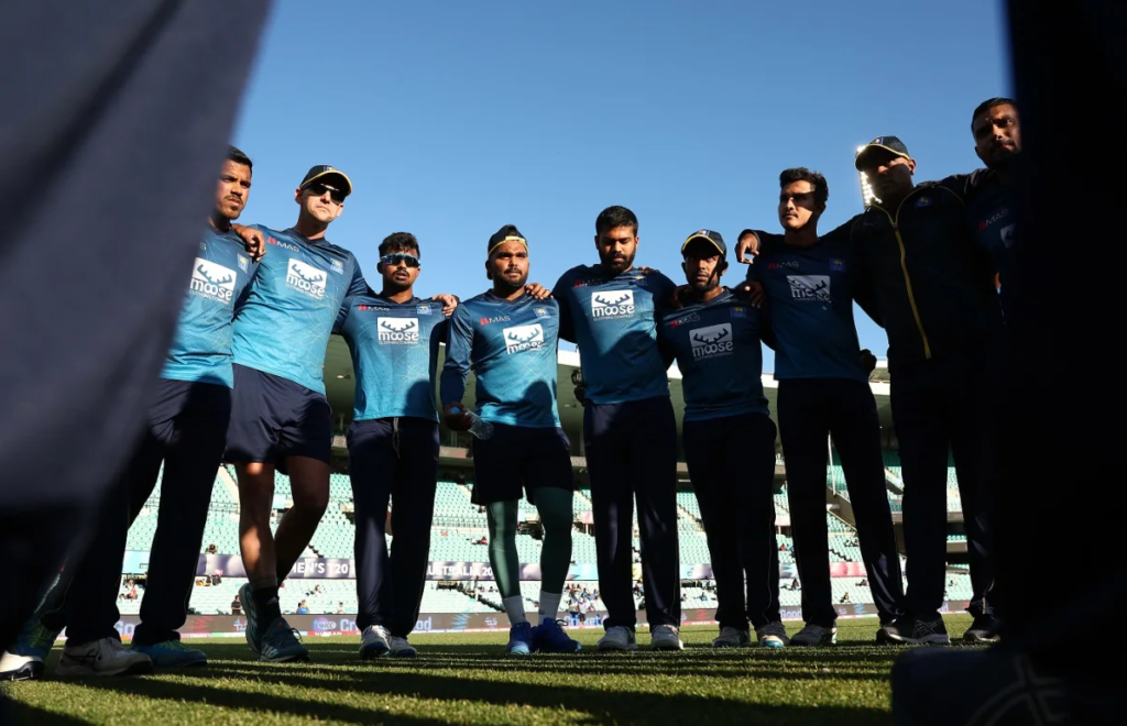 Sri Lanka players in a huddle before the match•Oct 29, 2022•ICC via Getty Images