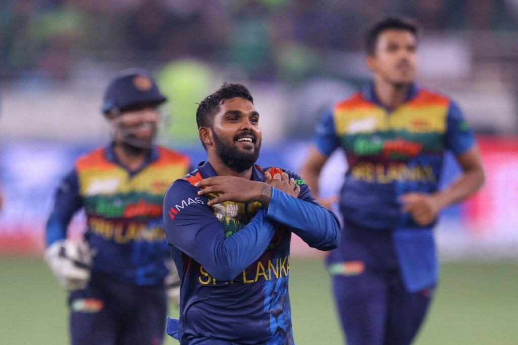 Wanindu Hasaranga celebrates after dismissing Mohammad Rizwan•Sep 11, 2022•AFP/Getty Images