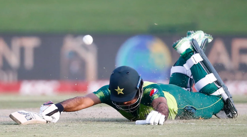 Fakhar Zaman dives to make his ground•Apr 16, 2021•AFP/Getty Images