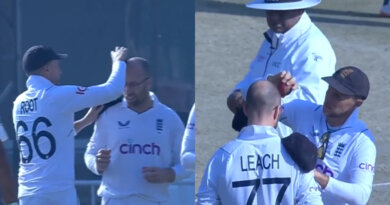 Root shining the ball on Jack Leach's head