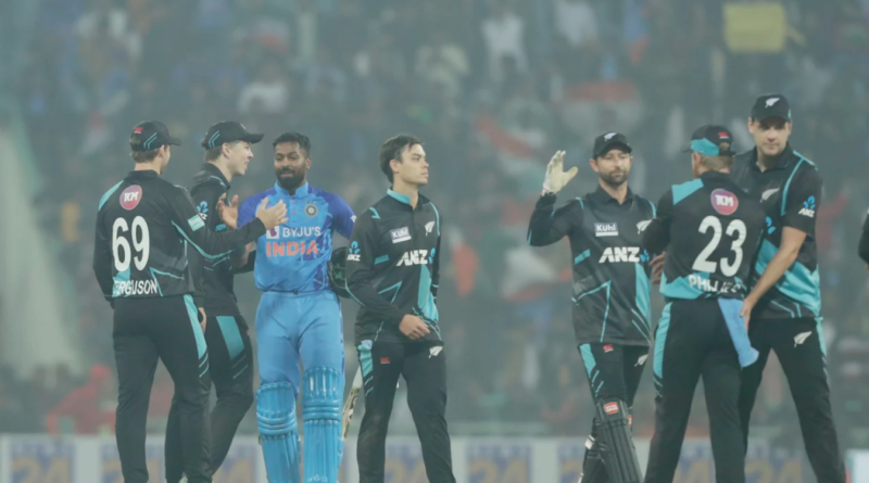 Hardik Pandya and New Zealand's fielders shake hands after the game•Jan 29, 2023•BCCI