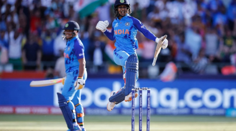 Jemimah Rodrigues takes a leap to celebrate India's win•Feb 12, 2023•AFP/Getty Images