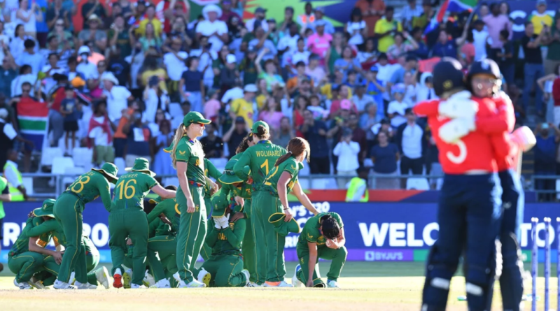 South Africa players celebrate as Charlie Dean and Sarah Glenn console each other•Feb 24, 2023•AFP/Getty Images