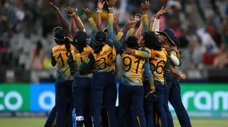 The victorious Sri Lanka side after pulling off an upset against South Africa•Feb 10, 2023•ICC via Getty Images