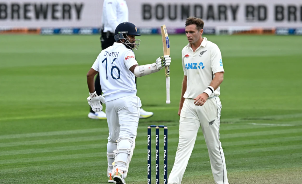 Dimuth Karunaratne makes fifty as Tim Southee walks back•Mar 09, 2023•Getty Images