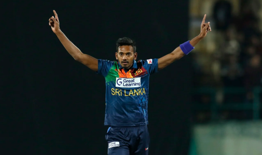 Dushmantha Chameera exults after dismissing Rohit Sharma•Feb 27, 2022•BCCI