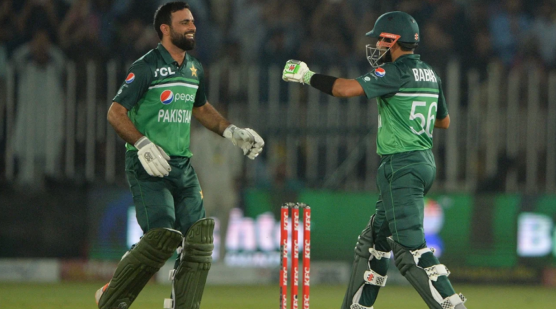 Fakhar Zaman celebrates his century with Babar Azam•Apr 29, 2023•AFP/Getty Images