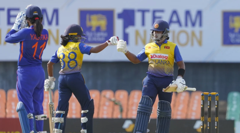 Chamari Athapaththu and Harshitha Madavi Samarawickrama share a moment in the middle•Jun 27, 2022•Sri Lanka Cricket