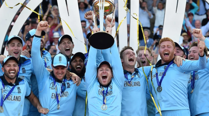 Eoin Morgan lifts the World Cup trophy after a thrilling final at Lord's•Jul 14, 2019•Getty Images