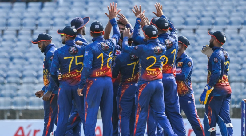 Sri Lanka get together after a wicket•Jun 04, 2023•AFP/Getty Images